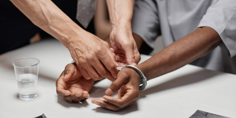 Inmigrante esposado tras ser detenido por ICE.